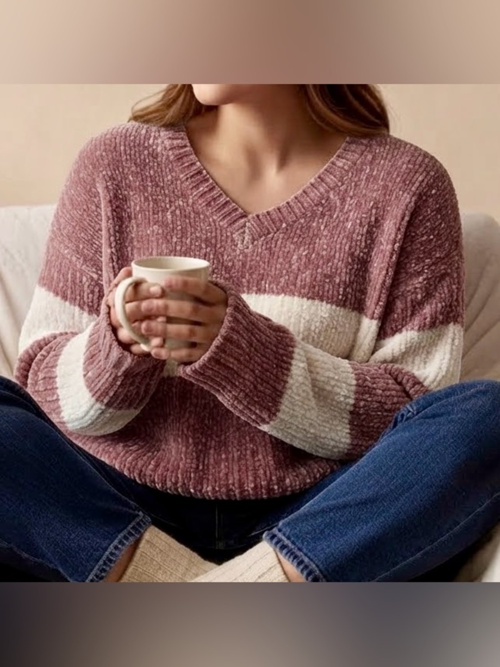 Super soft dusty pink striped chenille sweater, no tag